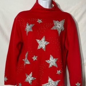 Vintage 90s Valerie Stevens Womens Wool Sequined Red Christmas Sweater Size M